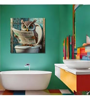 Tekli Kare Kanvas Banyo Tablosu Gazete Okuyan Renkli Baykuş