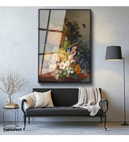 Siyah Renk Metal Çerçeveli Tamperli Cam Tablo J.L.R. Meyve ve Çiçekler Vazoda Böcekli Natürmort Ressam Tablosu Dekoru