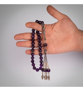 Doğal Orijinal Amethyst Taşlı 33 Boncuklu 925 Ayar Gümüş Püsküllü Erkek Tespih