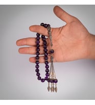 Doğal Orijinal Amethyst Taşlı 33 Boncuklu 925 Ayar Gümüş Püsküllü Erkek Tespih