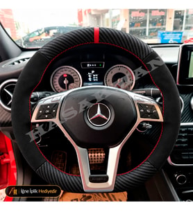 Mercedes A W176 Dikme Direksiyon Kılıfı Alcantara Süet Mat Karbon Kırmızı Yüzük ve Dikiş Style-Urban-AMG Line 2012-2015