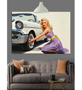 Pin-Up Kız Klasik Otomobil Dekoratif Kanvas - Mdf Ahşap Tablo