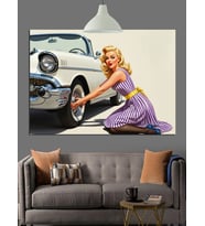 Pin-Up Kız Klasik Otomobil Dekoratif Kanvas - Mdf Ahşap Tablo