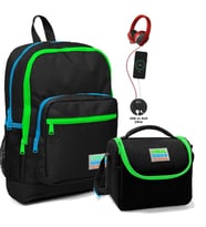 Coral High Okul Çantası ve Termal Beslenme Çanta Seti - Erkek Çocuk Siyah Yeşil USB ve AUX Çıkışlı