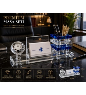 Premium Hediye Ofis Kristal Cam Saatli Kalemlik Kartvizitlik Yönetici Masaüstü Organizer Seti MAVİ