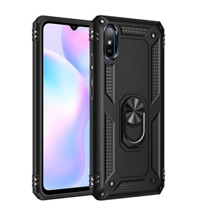 Xiaomi Redmi 9A Uyumlu Kılıf Standlı Manyetik Yüzüklü Military Magnetic Ring Polycarbonate and TPU Case (Siyah)