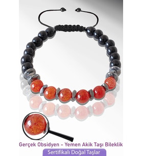 Sertifikalı Doğal Obsidyen - Yemen Akik Taşı Bileklik - Ayarlamalı