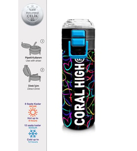 Coral High 500 ml Pipetli ve Direkt İçim Çelik Termos/Matara - Kız Çocuk -  Çok Renkli Kalp Desenli