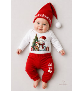 BABYDEN'S Bebek Yılbaşı Noel Kıyafeti 3’lü Takımı Snowman Baskılı Body,Kırmızı Fitilli Pantolon,Noel Şapkası (Yılbaşı Kırmızısı)