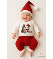 BABYDEN'S Bebek Yılbaşı Noel Kıyafeti 3’lü Takımı Snowman Baskılı Body,Kırmızı Fitilli Pantolon,Noel Şapkası (Yılbaşı Kırmızısı)
