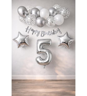 Konsept Dogum Gunu Kutlama Seti Beyaz Gumus Konfetili Balon Rakam Yıldız Folyo ve Banner (5 Yaş)