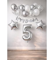 Konsept Dogum Gunu Kutlama Seti Beyaz Gumus Konfetili Balon Rakam Yıldız Folyo ve Banner (5 Yaş)