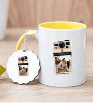 Kişye Özel Polaroid Tasarım Fotoğraflı Sarı Kupa Bardak ve Anahtarlık