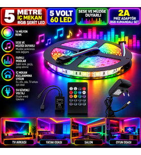 5M 5V 60 Ledli İç Mekan RGB Şerit Led 2A Priz Adaptör Sese ve Müziğe Duyarlı RGB Kumandalı Set