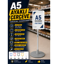 A5 Ayaklı Menü ve Fiyat Bilgi Standı Yuvarlak Tabanlı Teleskopik Çerçeve Etiketlik Beyaz