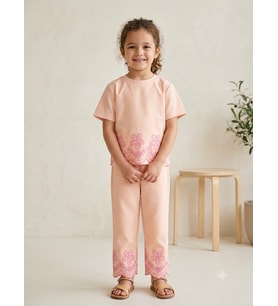 Kız Çocuk Çiçek baskılı Kısa Kollu pantolon takım - 5-6Yaş / KREM