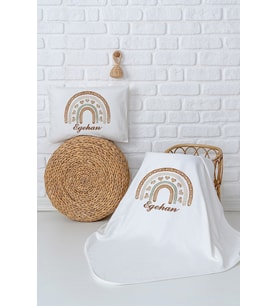 Pia Baby Premium %100 Pamuk Çift Kat Penye Battaniye ve Yastık Kılıfı Yenidoğan Erkek Bebek Hediyesi 5043-10 (Ekru)