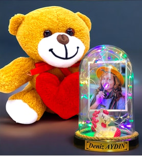 Size Özel Renkli Led Işıklı Fanus ve Kalpli Peluş Ayıcık Hediye Seti (Model 10)