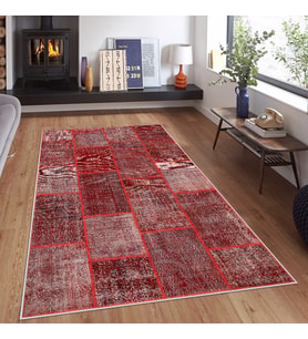 Bordo Patchwork Kırkyama Desenli Yıkanabilir Kaymaz Taban Leke Tutmaz Modern Salon Halısı ve Yolluk (Kırmızı)