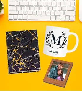 Kişiye Özel Baş Harf İsim Soyisim Beyaz Kupa Fotoğraflı Çerçeve Ve Yaldızlı Desenli Defter Set