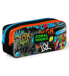 Coral High İki Bölmeli Erkek Çocuk Siyah Grafiti Kalem Çantası Kalemlik