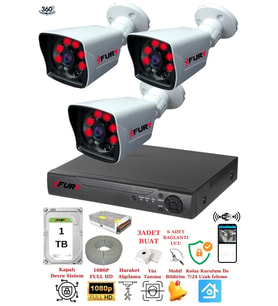 FURY 3 Kameralı 5mp Lensli 1080P 2mp Görüntü 6 Atom Gece Görüşlü FullHd Güvenlik Kamerası 5525A 1TB