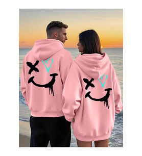 Sevgili Çift Kombin Hoodie–Yüz Kalp Baskılı Oversize Kapüşonlu Sweatshirt 2’li Set Unisex 3 İplik (Pembe)