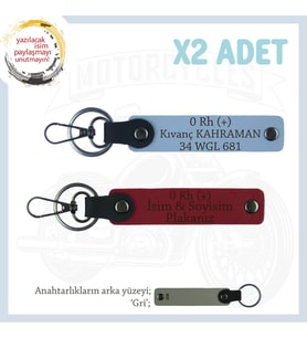 Biker Stiline Özel, İsim Plaka ve 0+ Kan Grubu Yazılı Anlamlı Motor x2 Anahtarlık, Kırmızı-Mavi-Gr (Çok Renkli)