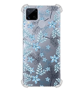 PrintiFy Realme C15 Uyumlu Köşe Korumalı Floral Mavi Tasarımlı Şeffaf Silikon Kılıf