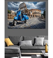Roma Kolezyum Önünde Mavi Scooter Dekoratif Kanvas - Mdf Ahşap Tablo