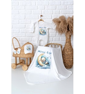 Pia Baby Premium  %100 Pamuk İsme Özel Erkek Bebek Hastane Çıkışı Tulumlu Bebek Hediye Seti 5089-05 (Ekru)