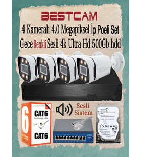BESTCAM 4 Kameralı 4 Mega Piksel İP Poeli Set Gece Renkli Sesli 4K Ultra HD 500 GB HDD
