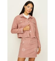 Kadın Düğmeli Püsküllü Crop Denim Ceket (Pembe)