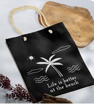 BK Gift Yaz Temalı Siyah Halat Saplı Kumaş Plaj Çantası -23, Baskılı Omuz Çantası, Alışveriş Çantası, Arkadaşa Hediye, Sevgiliye Hediye