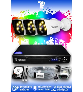 PICAM 3 Kameralı Kare 3 Dış Kamera Set 100 GB HDD Full HD Renkli Gece Görüşlü Güvenlik Kamerası Sistemi