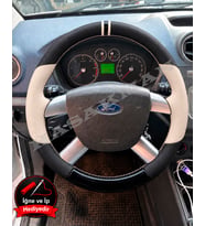 Ford Focus 2 Dikme Direksiyon Kılıfı Delikli Deri Parlak Siyah Bej Detay Çift Yüzük ve Dikiş 2004-2011