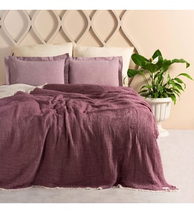 Çift Kişilik, %100 Pamuk 4 Katlı Kaliteli Müslin Yatak Örtüsü, Dekoratif Şık Yumuşak Hafif Yazlık Pike (Mor, Çift Kişilik 220x240 cm)