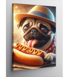 Kanvas Tablo Hotdog Yiyen Pug Cinsi Köpek