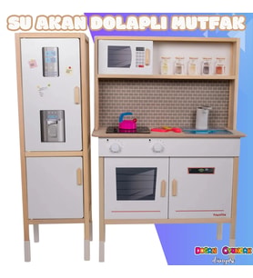 Dolaplı Musluktan Su Akan Işıklı Ahşap Mutfak - Ahşap Çocuk Mutfağı ve Buzdolabı - Ledli Mutfak Seti