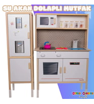 Dolaplı Musluktan Su Akan Işıklı Ahşap Mutfak - Ahşap Çocuk Mutfağı ve Buzdolabı - Ledli Mutfak Seti