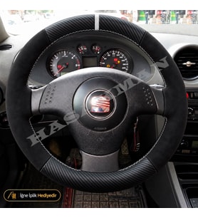 Seat Cordoba 6L Dikme Direksiyon Kılıfı Alcantara Süet Mat Karbon Beyaz Yüzük ve Dikiş Stella-Reference-Signo-Tuşsuz 2002-2009