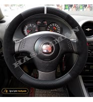 Seat Cordoba 6L Dikme Direksiyon Kılıfı Alcantara Süet Mat Karbon Beyaz Yüzük ve Dikiş Stella-Reference-Signo-Tuşsuz 2002-2009