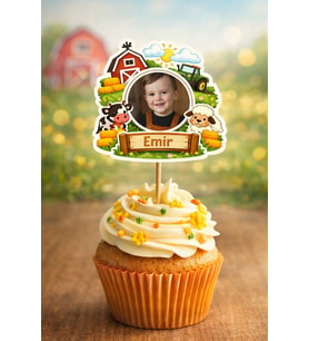 Kişiye Özel Çiftlik Temalı 6 Adet Cupcake Süsü 8 cm  İsimli Fotoğraflı Doğum Günü Süsü