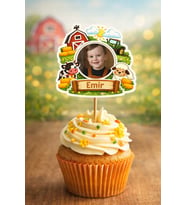 Kişiye Özel Çiftlik Temalı 6 Adet Cupcake Süsü 8 cm  İsimli Fotoğraflı Doğum Günü Süsü