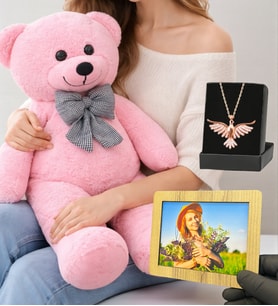 Size Özel Ahşap Fotoğraf Çerçevesi, Peluş Ayıcık ve Zümrüdü Anka Kuşu Kolye (Model 2)