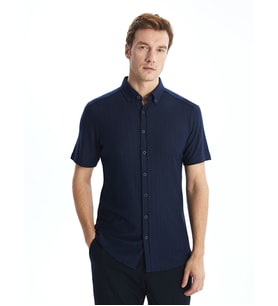LCWAIKIKI Classic Lacivert Regular Fit Kısa Kollu Desenli Poplin Erkek Gömlek