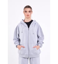 Gri Kanguru Cepli Kapüşonlu Fermuarlı Oversize Kadın Sweatshirt