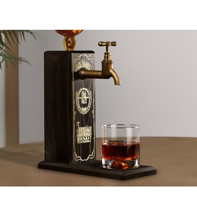 BK Gift Aynalı Altın Kabartma Musluklu Doğal Siyah(Ebony) Ahşap Viski Standı, Home Bar, İçecek Dispenseri, Ahşap İçecek Çeşmesi-1