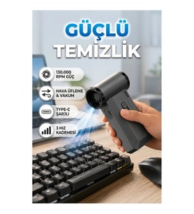 130000 RPM Şarjlı Hava Üfleme ve Vakum Cihazı – 3 Kademeli, Type-C Şarjlı Çok Fonksiyonlu Temizlik