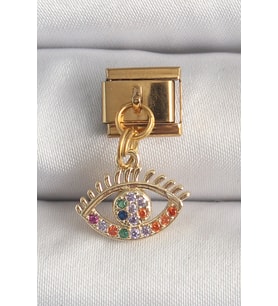 316L Çelik Gold Renk Sallantı Renkli Zirkon Taşlı Göz Model Nomination Charm TJ-BC1343